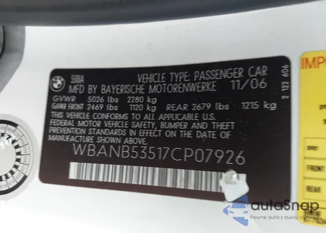 2007 BMW 550I from USA, damaged, VIN WBANB53517CP07926